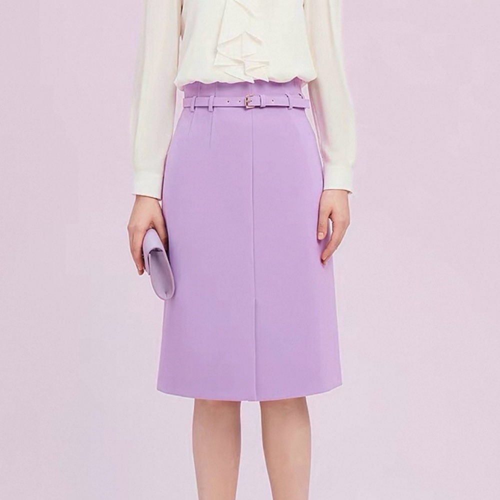Tailored Front Slit Lavender Midi Pencil Skirt with Crystal Decorated Belt